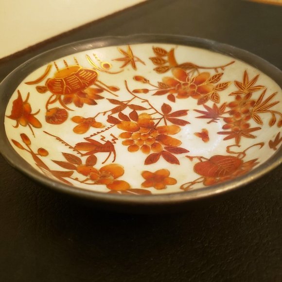 Vtg A.C.F. Japanese Porcelain Ware Bowl Wrapped Pewter Floral Hong Kong decorate - Picture 7 of 11